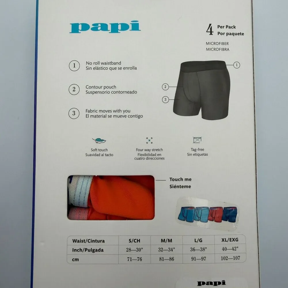 Papi Men’s Microfiber Boxer Briefs 4-Pack Contour Pouch Stretch M (32-34) NIB